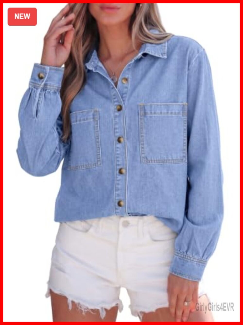 Womens Long Sleeve Button Down Denim Shirt Collared Relaxed Fit